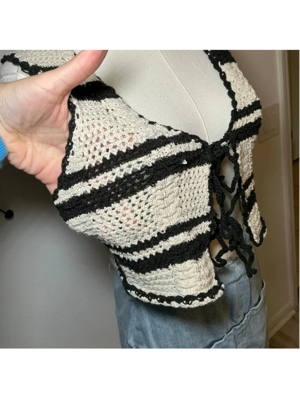 Cotton On Black White Crochet Tie Front Knit Vest XS Boho Festival